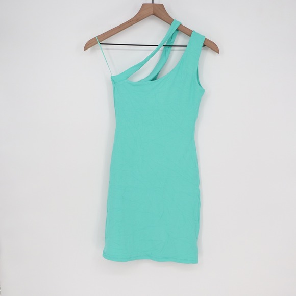 Naked Wardrobe Mint Green One Shoulder Cutout Mini Dress Bodycon Small Slit L - Picture 6 of 7